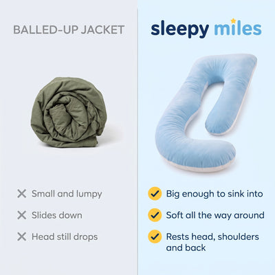 Sleepy Miles pillow compared with a balled-up jacket on a long drive